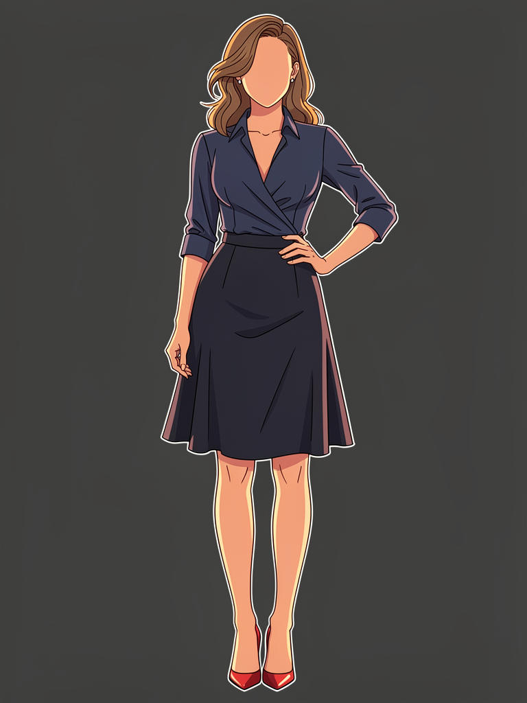 Fashion illustration of a woman in professional clothing — fully clothed, posted publicly